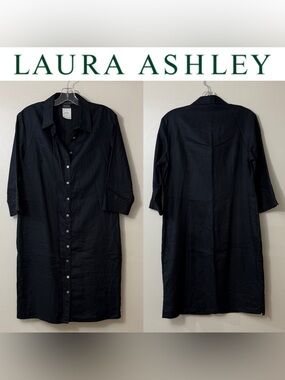 LAURA ASHLEY BLACK 100% LINEN BUTTON DOWN KNEE LENGTH SHIRT DRESS